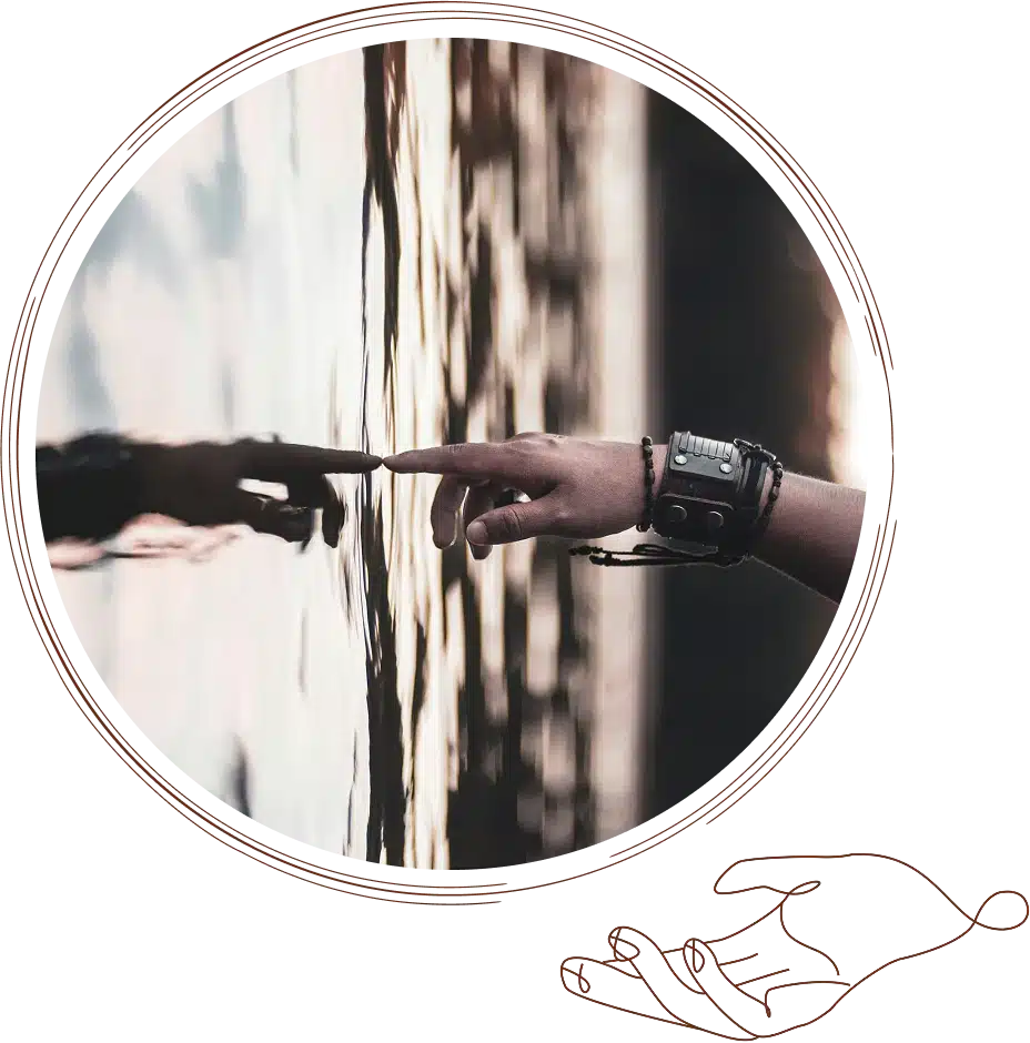 A human hand with a leather wristband touching its reflection in water.