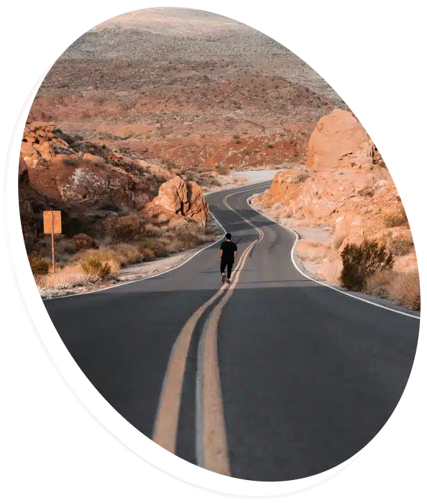 A person walks alone down a winding road through a desert landscape