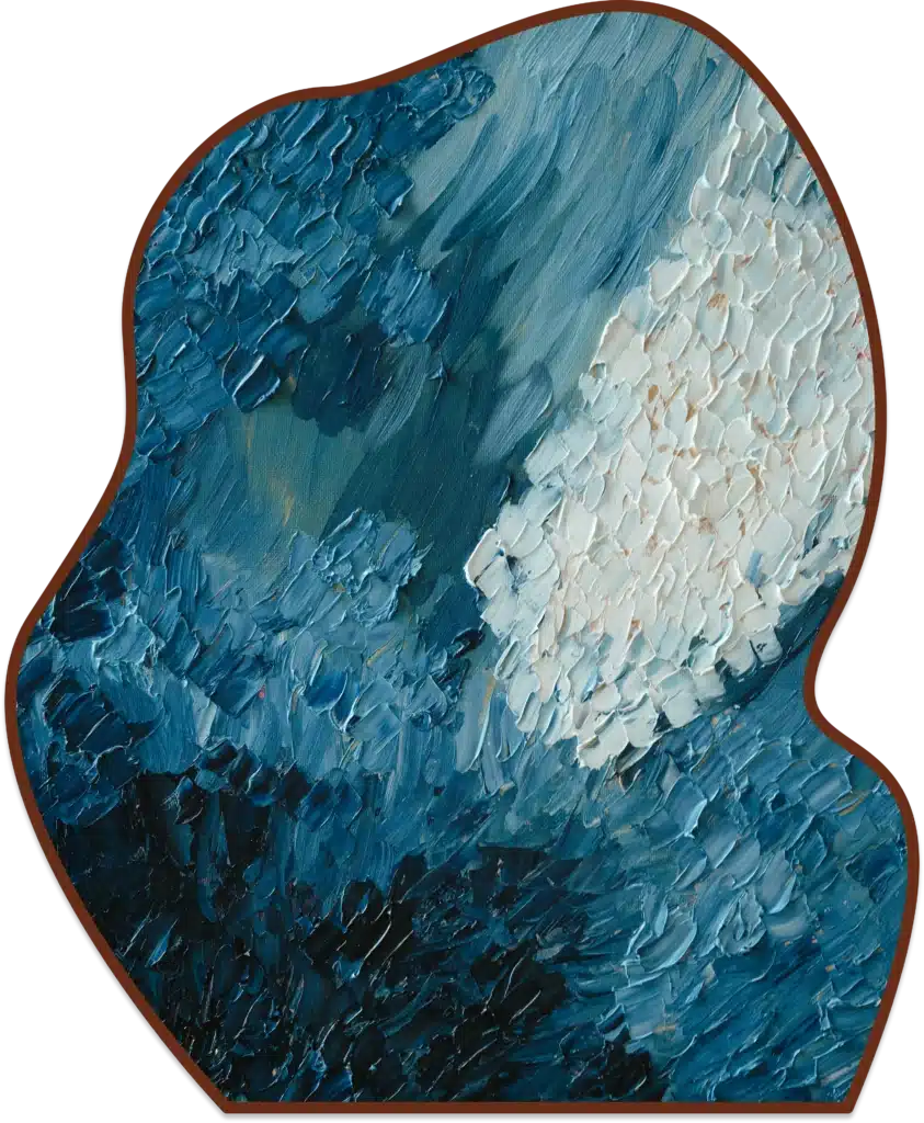 Textured abstract background painting with heavy blue, dark navy, and white impasto paint strokes.